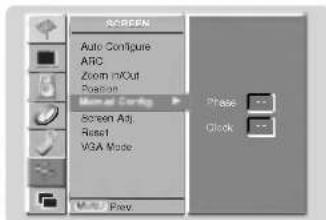 SCREEN Auto Configure ARC Zoom mOut Position Manual Config Screen Adj. Reset VGA Mode Multi-Play Phase Clock