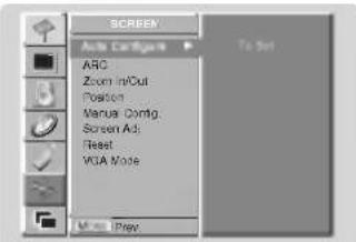 SCREEN Auto Configure ARC Zoom InCut Position Canvas Comig. Screen Ad: Reset VGA Note To Set