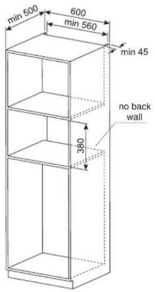 min 500 600 min 560 min 45 380 no back wall