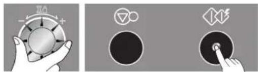 Diagram showing hand operating a dial with control buttons and icons for signal or display