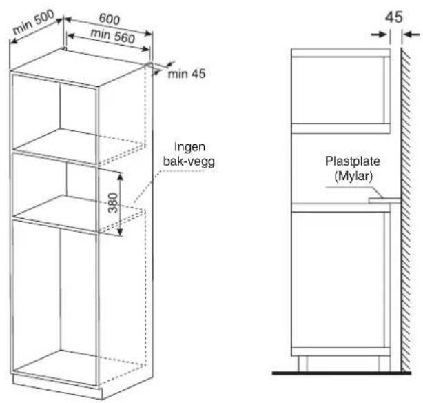 min 500 600 min 560 min 45 380 Ingen bak-vegg 45 Plastplate (Mylar)