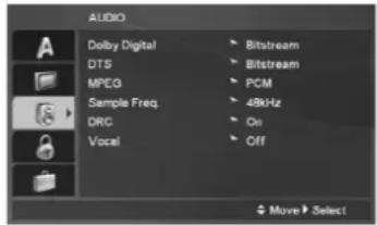 AUDIO Dolby Digital DTS MPEG Sample Freq DRC Vocal Bitstream Bitstream PCM 48kHz On Off Move Select