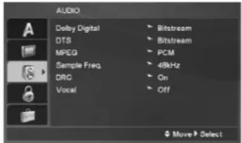 AUDIO Dolby Digital Bitsstream DTS Bitsstream MPEG PCM Sample Freq 48kHz DRC On Vocal Off Move Select