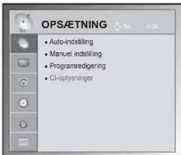 OPSÄETNING • Auto-indstilling • Manuel indstilling • Programredigering • CI-oplysninger