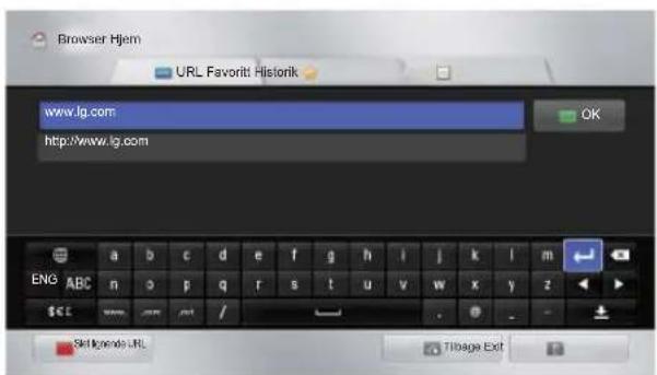 Browser Hjem URL Favoritt Historik www.lg.com http://www.lg.com OK ENG ABC a b c d e f g h i j k l m n o p q r s t u v w x y z $E SKlgnets URL Tilbage Ext