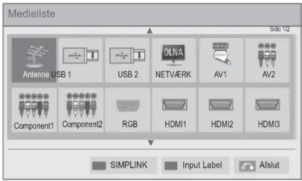 Medieliste Side 12 Antenne USB 1 USB 2 DLNA NETVAERK AV1 AV2 Component1 Component2 RGB HDMI1 HDMI2 HDMI3 SIMPLINK Input Label Afslut