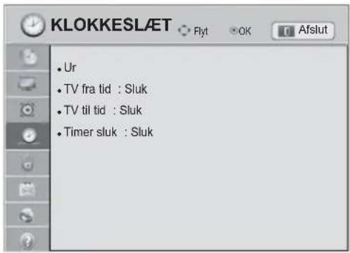 KLOKKESLÆT • Ur • TV fra tid : Sluk • TV til tid : Sluk • Timer sluk : Sluk