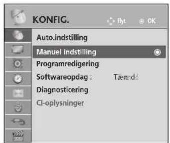 KONFIG. Auto.indstilling Manuel indstilling Programredigering Softwareopdag : Tændt Diagnosticering CI-oplysninger