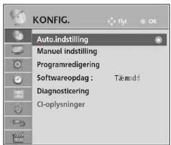 KONFIG. Auto.indstilling Manuel indstilling Programredigering Softwareopdag : Tæmdd Diagnosticering CI-oplysninger