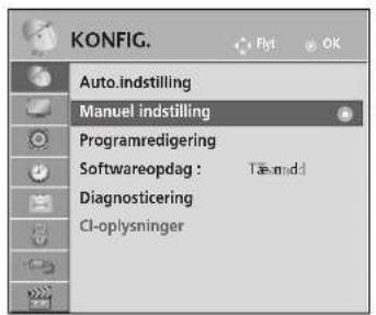 KONFIG. Auto.indstilling Manuel indstilling Programredigering Softwareopdag : Tæ-midd Diagnosticering CI-oplysninger