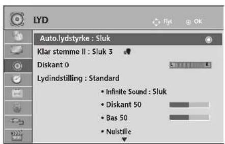 LYD Auto.lydstyrke : Sluk Klar stemme II : Sluk 3 Diskant 0 Lydindstilling : Standard • Infinite Sound : Sluk • Diskant 50 • Bas 50 • Nulstille