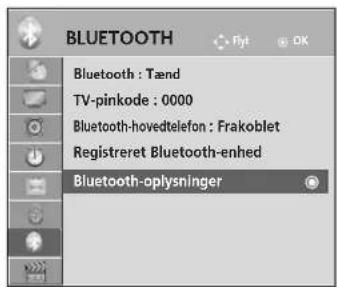 BLUETOOTH Bluetooth : Tænd TV-pinkode : 0000 Bluetooth-hovedtelefon : Frakoblet Registreret Bluetooth-enhed Bluetooth-oplysninger