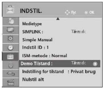 INDSTIL. Medietype SIMPLINK : Tæmɪdɔ Simple Manual Indstil ID : 1 ISM-metode : Normal Demo Tilstand : Tæmɪdɔ Indstilling for tilstand : Privat brug Nulstil alt