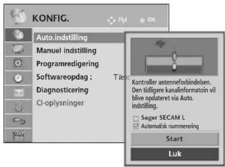 KONFIG. Auto.indstilling Manuel indstilling Programredigering Softwareopdag : Diagnosticering CI-oplysninger Flyt OK Tärs Kontroller antenneforbindelsen. Den tidligere kanalinformatoin vil blive opdateret via Auto. indstilling. Seger SECAM L Automatisk nummerering Start Luk