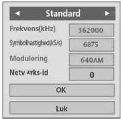 Standard Frekvens(kHz) 362000 Symbolhastighed(k/s) 6875 Modulering 640AM Netv xrks-id 0 OK Luk