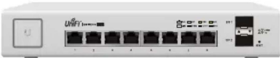 Front view of a network switch device with multiple Ethernet ports and an external drive (no visible text or labels)