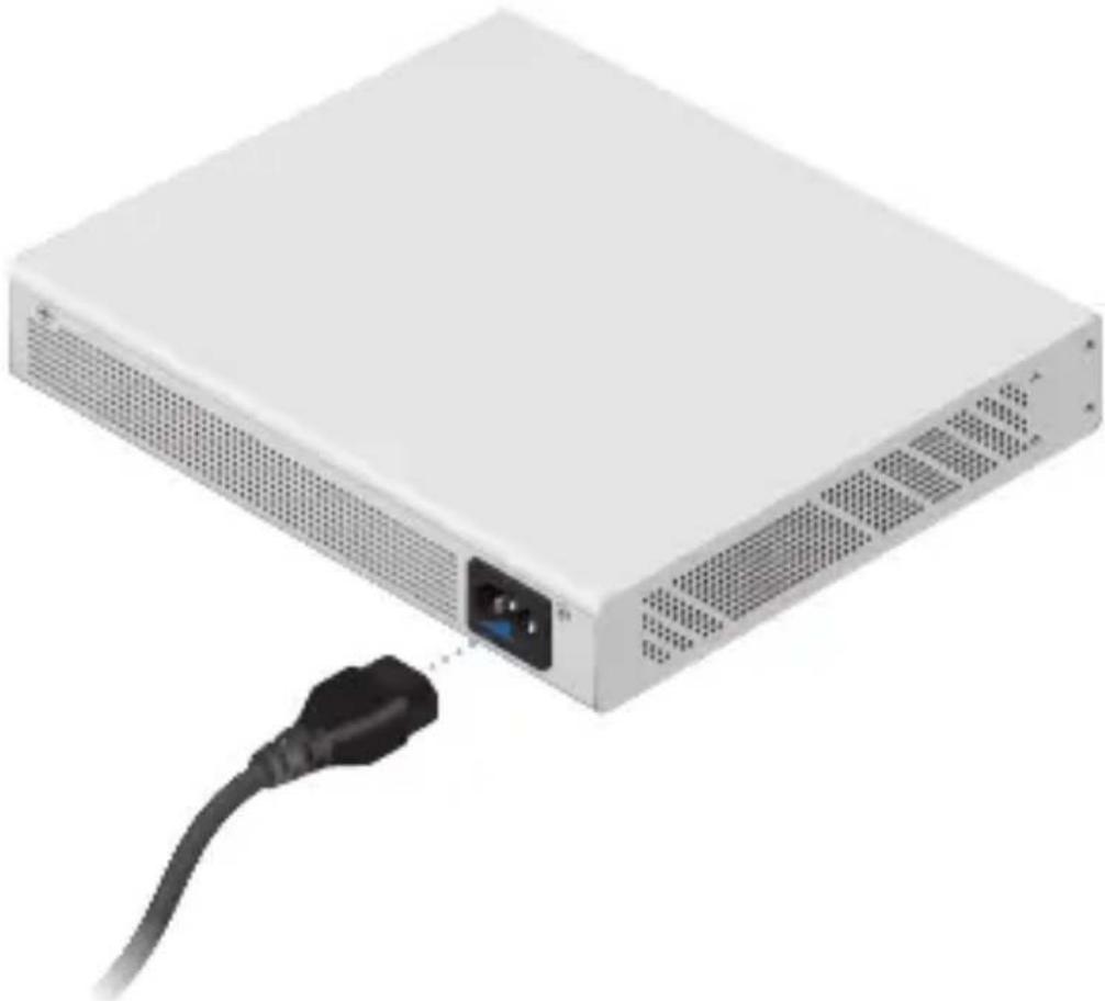 Exterior view of a white network switch device with a black cable inserted (no text or symbols visible)