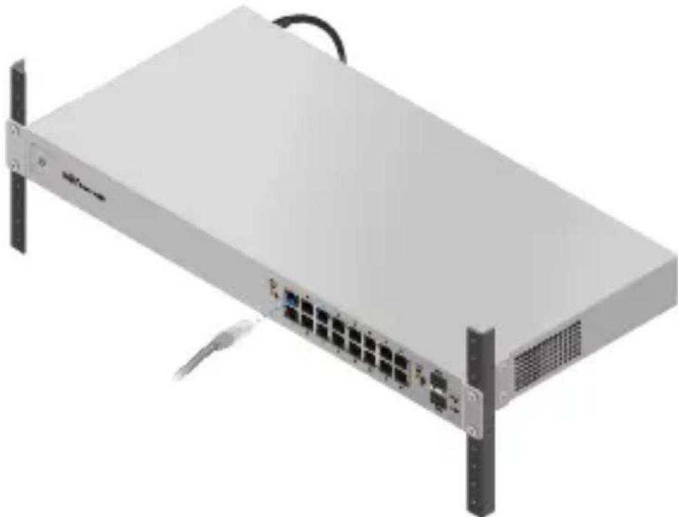 Exterior view of a network switch device with ports and cables (no visible text or labels)