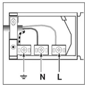 Diagram of an electrical panel with labeled terminals and connections, including N and L indicators