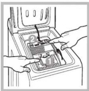 Diagram showing hands installing or adjusting a device into a container with numbered parts labeled 1 and 2