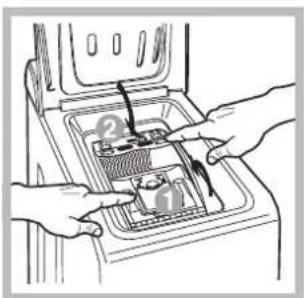 Diagram showing hands installing or adjusting a component in a device, labeled with numbers 1 and 2.