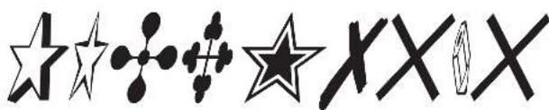 Image displaying five distinct star and geometric symbols: stars, a star with dots, a star with a diamond, an X, and an X.