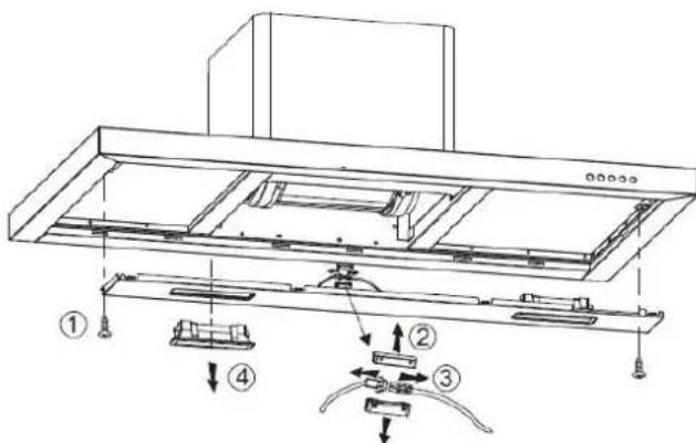 Technical diagram of a kitchen or oven assembly with numbered components and directional arrows indicating assembly steps.