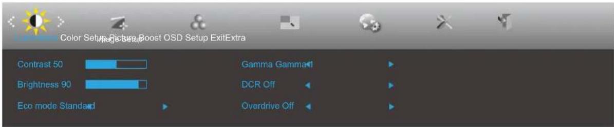 Color Setup Picture Boost OSD Setup ExitExtra Contrast 50 Brightness 90 Eco mode Standard Gamma Gamma1 DCR Off Overdrive Off