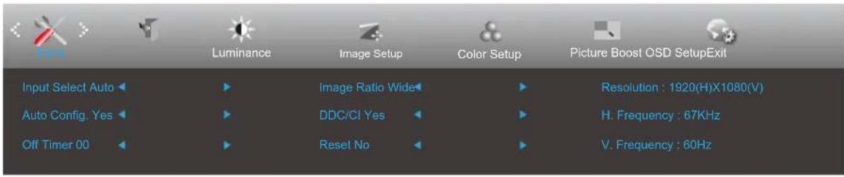 Input Select Auto Auto Config. Yes Off Timer 00 Luminance Image Setup Image Ratio Wide DDC/CI Yes Reset No Color Setup Picture Boost OSD SetupExit Resolution : 1920(H)X1080(V) H. Frequency : 67KHz V. Frequency : 60Hz