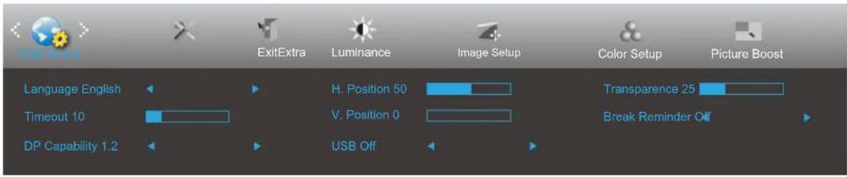 Language English Timeout 10 DP Capability 1.2 ExitExtra Luminance Image Setup Color Setup Picture Boost H. Position 50 V. Position 0 USB Off Transparence 25 Break Reminder Off