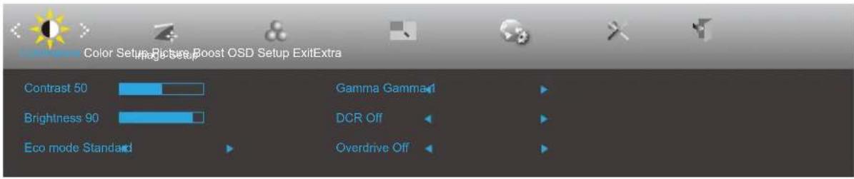 Color Setup Picture Boost OSD Setup ExitExtra Contrast 50 Brightness 90 Eco mode Standard Gamma Gamma DCR Off Overdrive Off