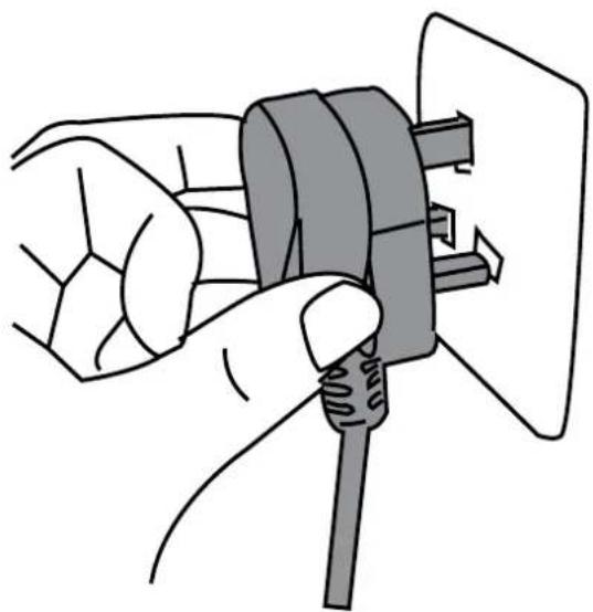 Illustration of a hand holding a plug inserted into a socket (no text or symbols)