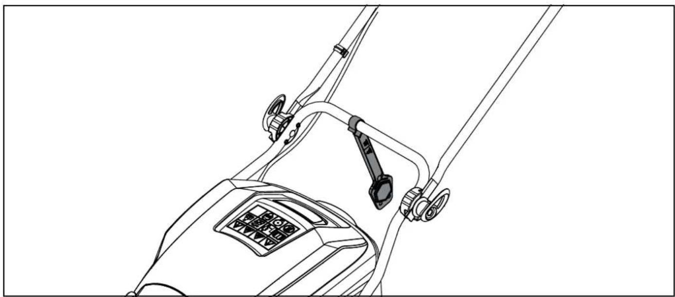 Line drawing of a lawn mower with attached lever and control panel (no text or symbols)