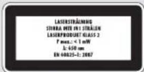LASERSTRALMNG STINRA DUTE IN 1 STRALN LASERPRODUCT GLASS 2 F max.: < 1 mW L: 650 nm EN 40025-1: 2007