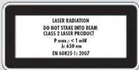 LASER RADIATION DO NOT STARE INTO BEAM CLASS 2 LASER PRODUCT P max.: < 1 mW k: 650 nm EN 60825-1: 2007