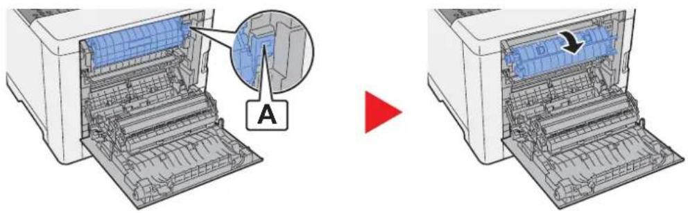 Diagram showing printer internal structure before and after assembly, with labeled component 'A' and directional arrow