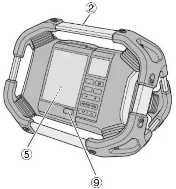 Technical diagram of a device with labeled components including a digital display and control buttons