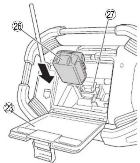 Technical diagram of a vehicle interior with numbered components and a directional arrow indicating movement or force.