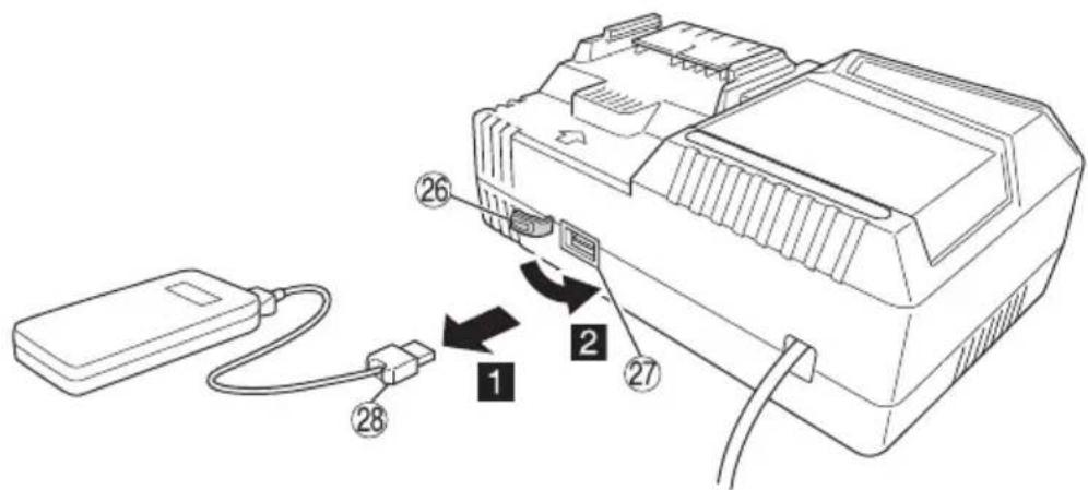 Diagram of a device with labeled components and connection arrows, showing connections between a battery and cable.