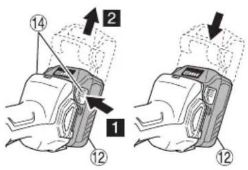 Diagram showing two steps of a device buckle locking mechanism, labeled with numbers 1, 2, and 12, and arrows indicating movement direction.