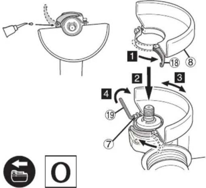Technical diagram illustrating mechanical assembly steps with numbered components and directional indicators