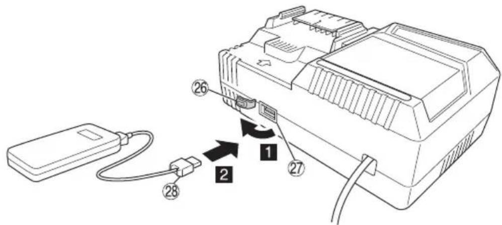Diagram of an electronic device with labeled ports and connections, showing a cable and connector assembly.