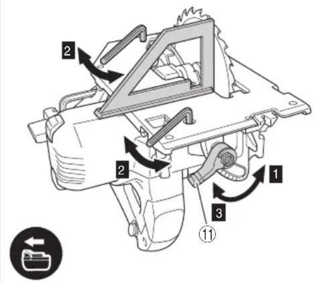 Technical diagram of a mechanical assembly with numbered components and directional arrows indicating motion or flow.