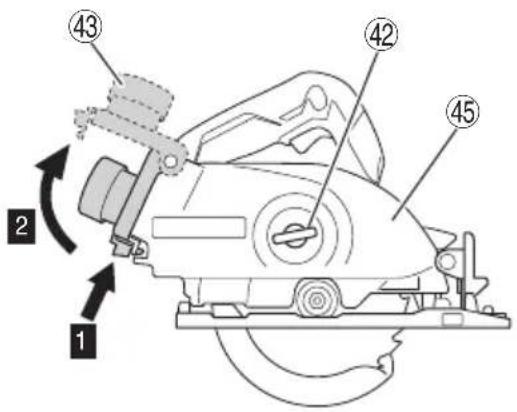 Technical diagram of a mechanical assembly with numbered parts and directional arrows indicating motion or assembly.