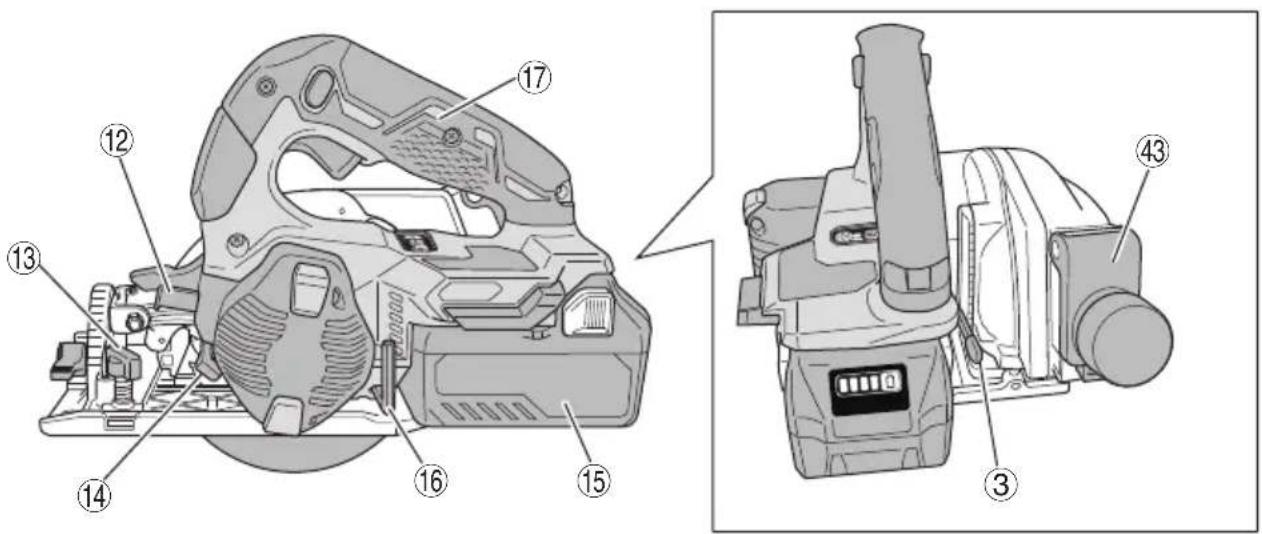 Technical diagram of a mechanical device with numbered parts, including front and side views with numbered labels.