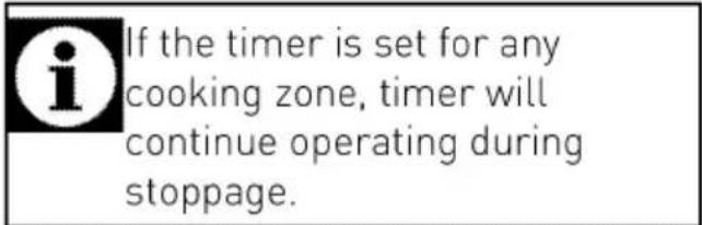 If the timer is set for any cooking zone, timer will continue operating during stoppage.