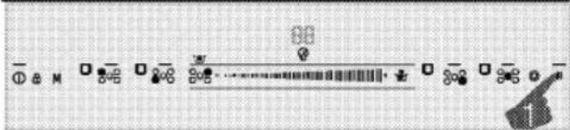 Scanned image of a musical notation or symbol with standard symbols and a finger icon, likely from a music or electronic device.
