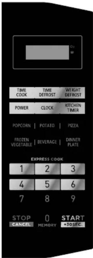 O2 BP TIME COOK TIME DEFROST WEIGHT DEFROST POWER CLOCK KITCHEN TIMER POPCORN | POTATO | PIZZA FROZEN VEGETABLE | BEVERAGE | DINNER PLATE EXPRESS COOK 1 2 3 4 5 6 7 8 9 STOP CANCEL 0 MEMORY START +30SEC.