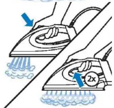 Illustration showing two hands using a steam iron to clean water, with arrows indicating the process and a 2x speed limit symbol.
