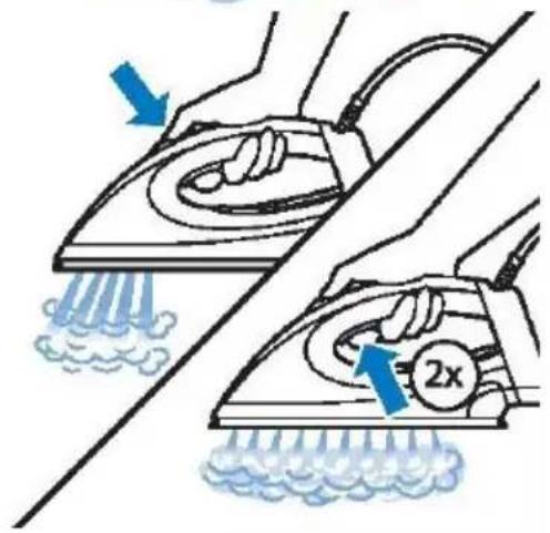 Illustration showing two hands using a steam iron to clean air, with one emitting water and the other emitting 2x more water.